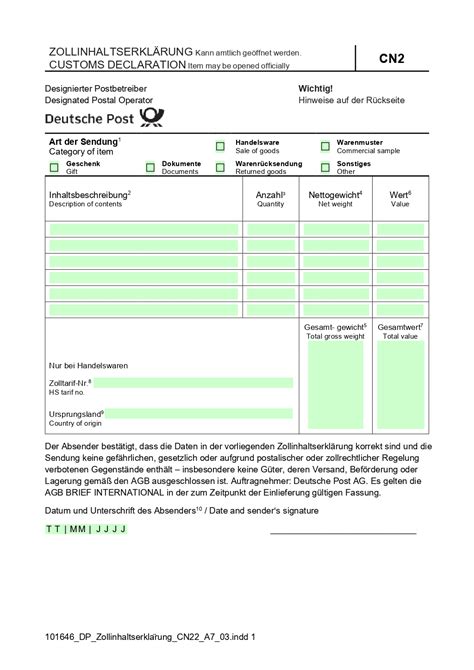 zollinhaltserklärung zum ausdrucken